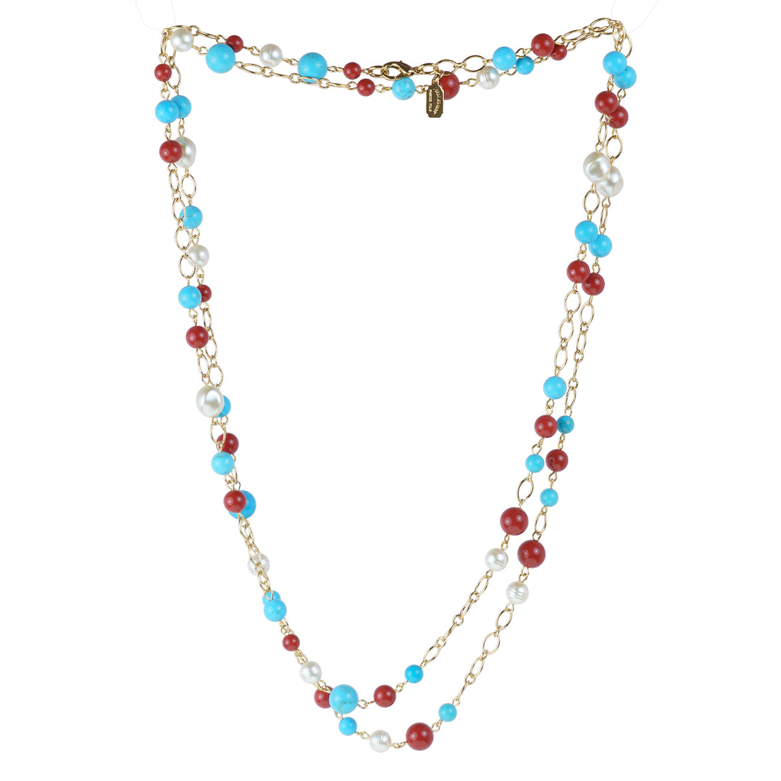 Gargantilla de varias vueltas de coral turquesa y perlas