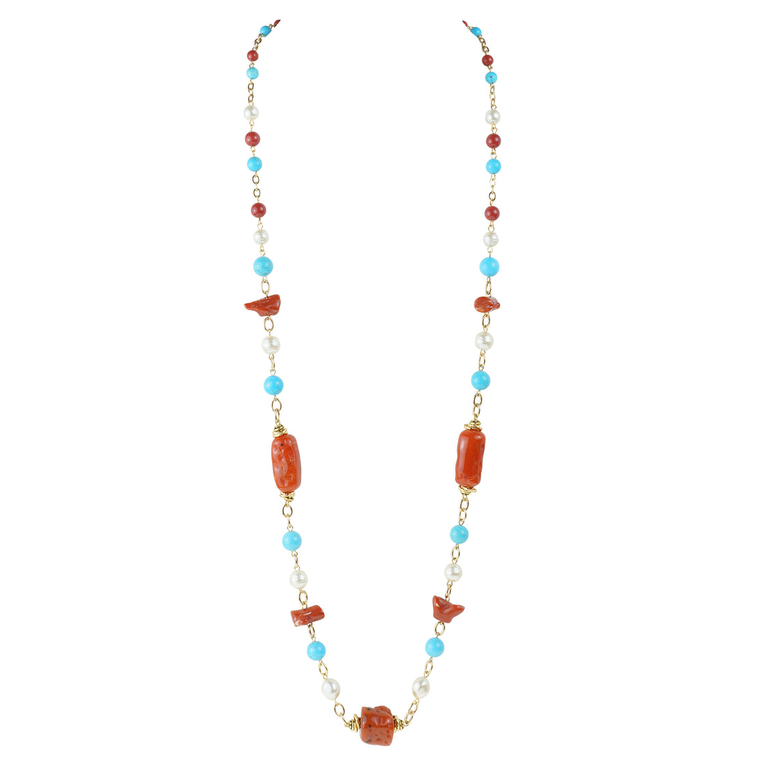 Gargantilla de varias vueltas de coral turquesa y perlas