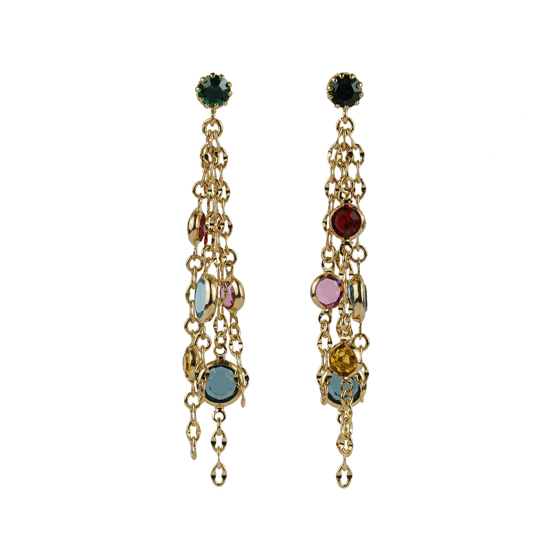 Orecchini 3 fili di catena e cristalli multicolore