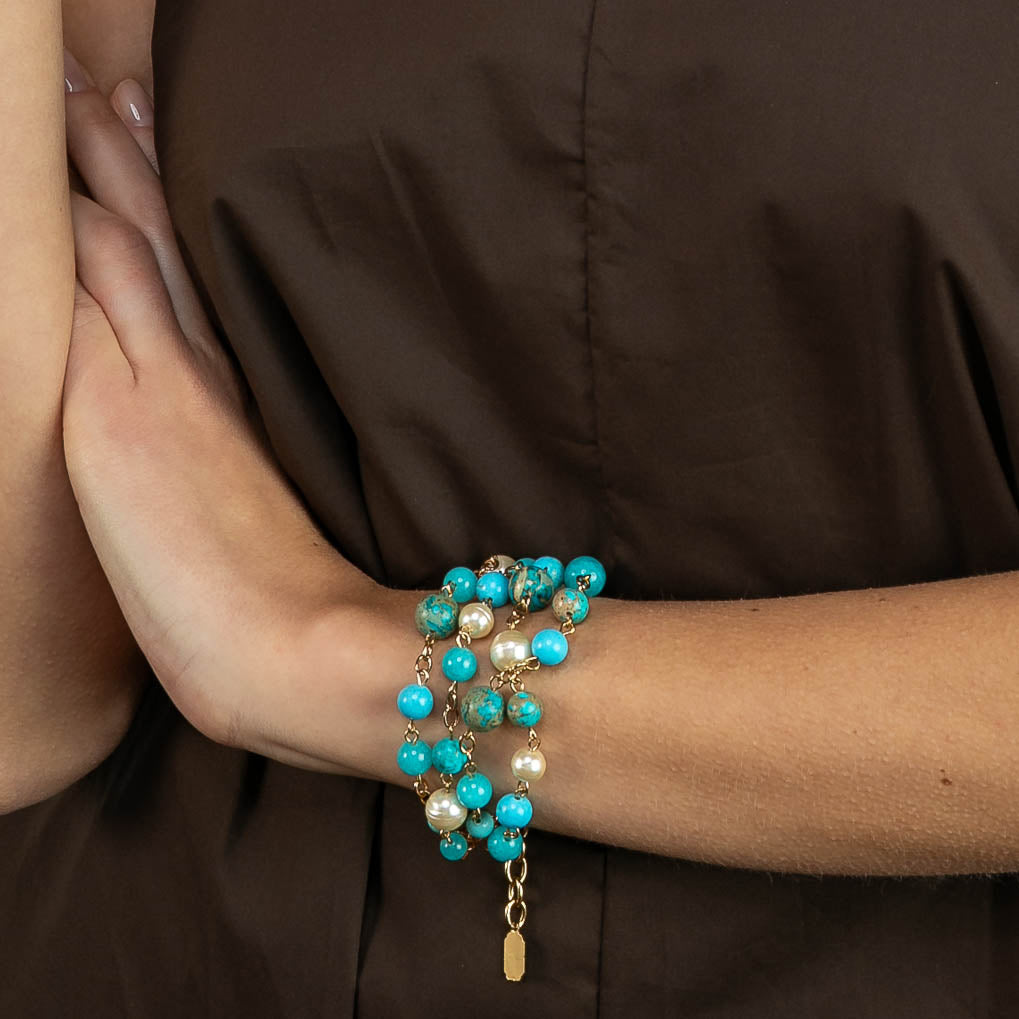 Bracciale quattro fili di perle e pietre dure turchesi