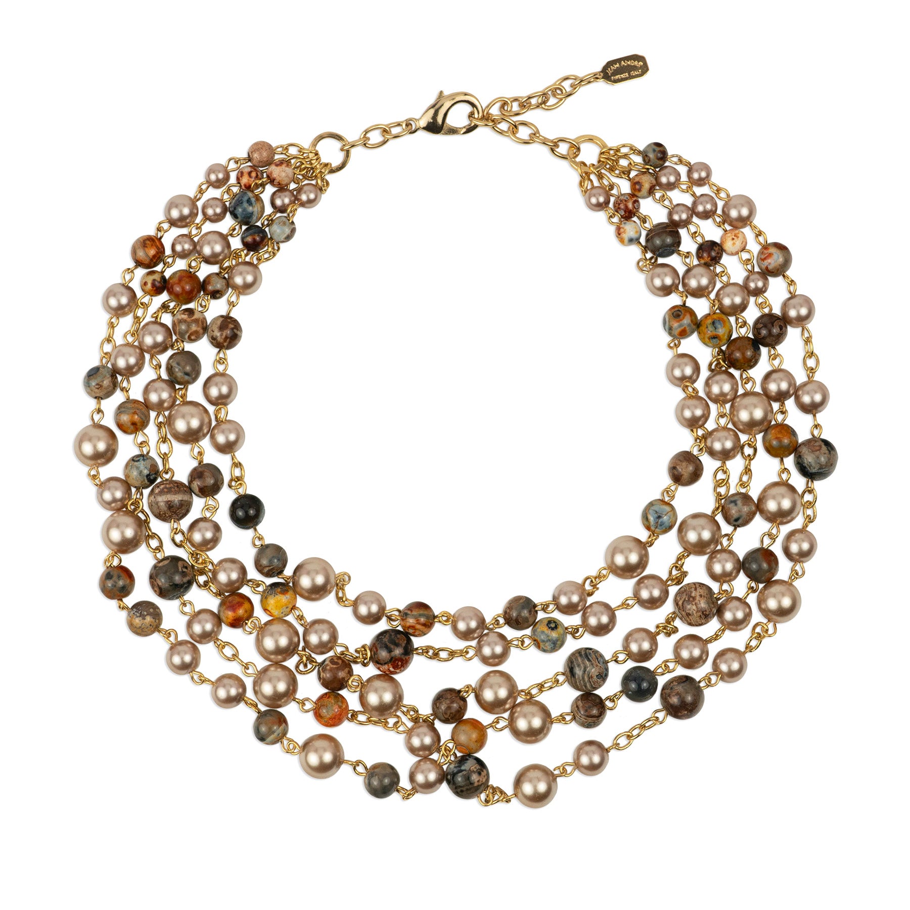 Multi-strand choker necklace in semi-precious stones and pearls