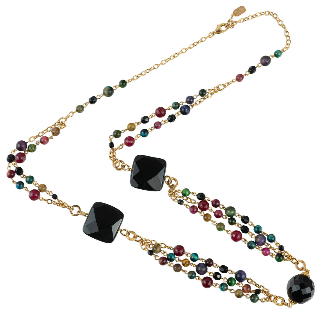 Long multi-strand necklace with semi-precious stones and crystal