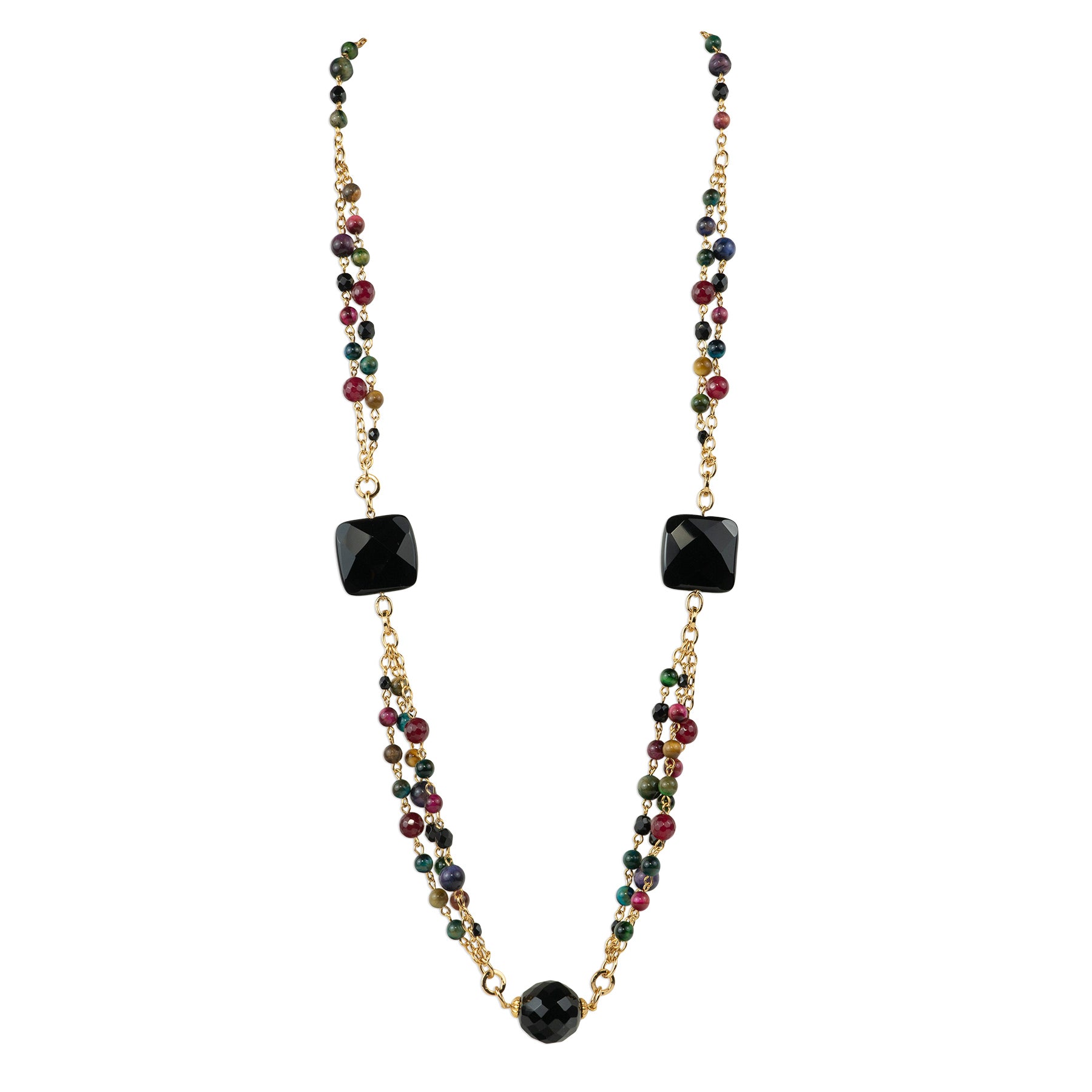 Long multi-strand necklace with semi-precious stones and crystal