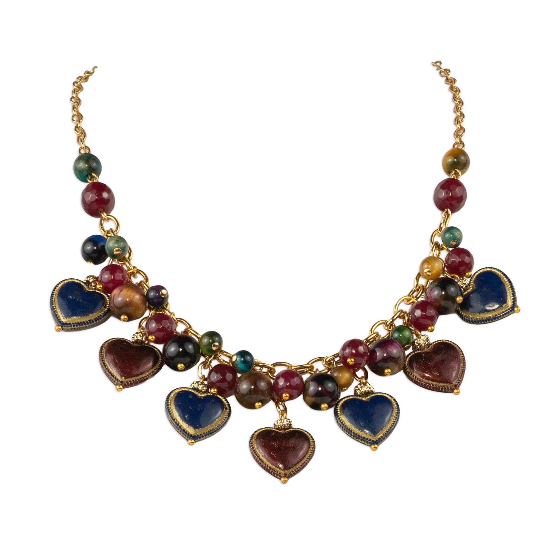 Charm choker necklace with semi-precious stones and hearts