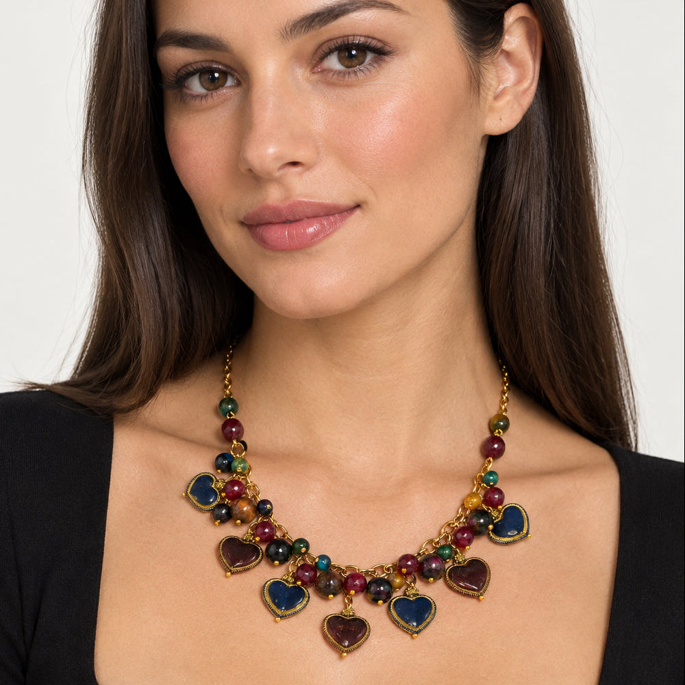 Charm choker necklace with semi-precious stones and hearts