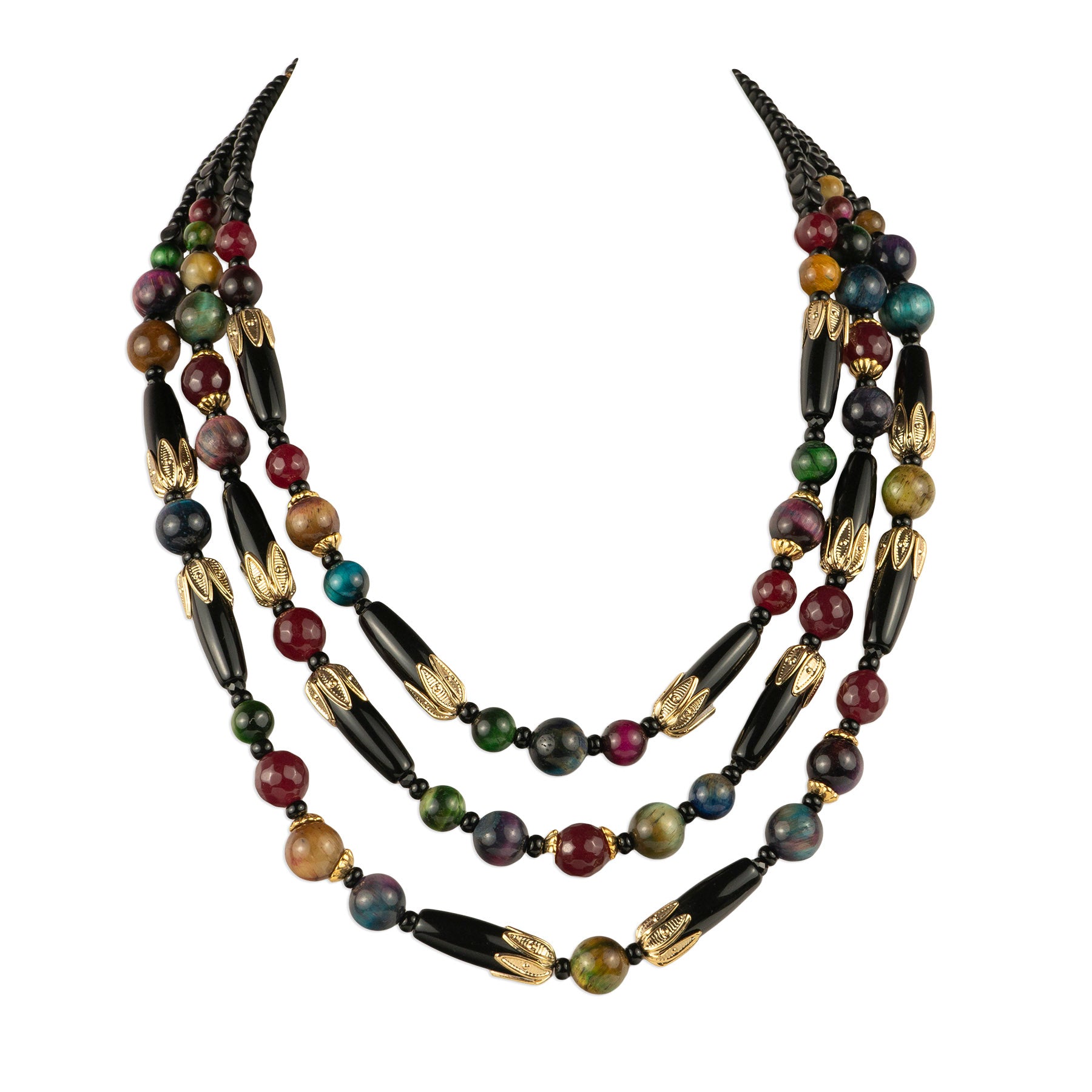 Three-strand necklace with semiprecious stones and resin