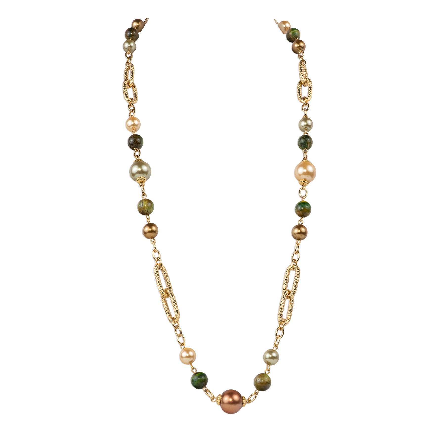 Long chain necklace with semiprecious stones and pearls