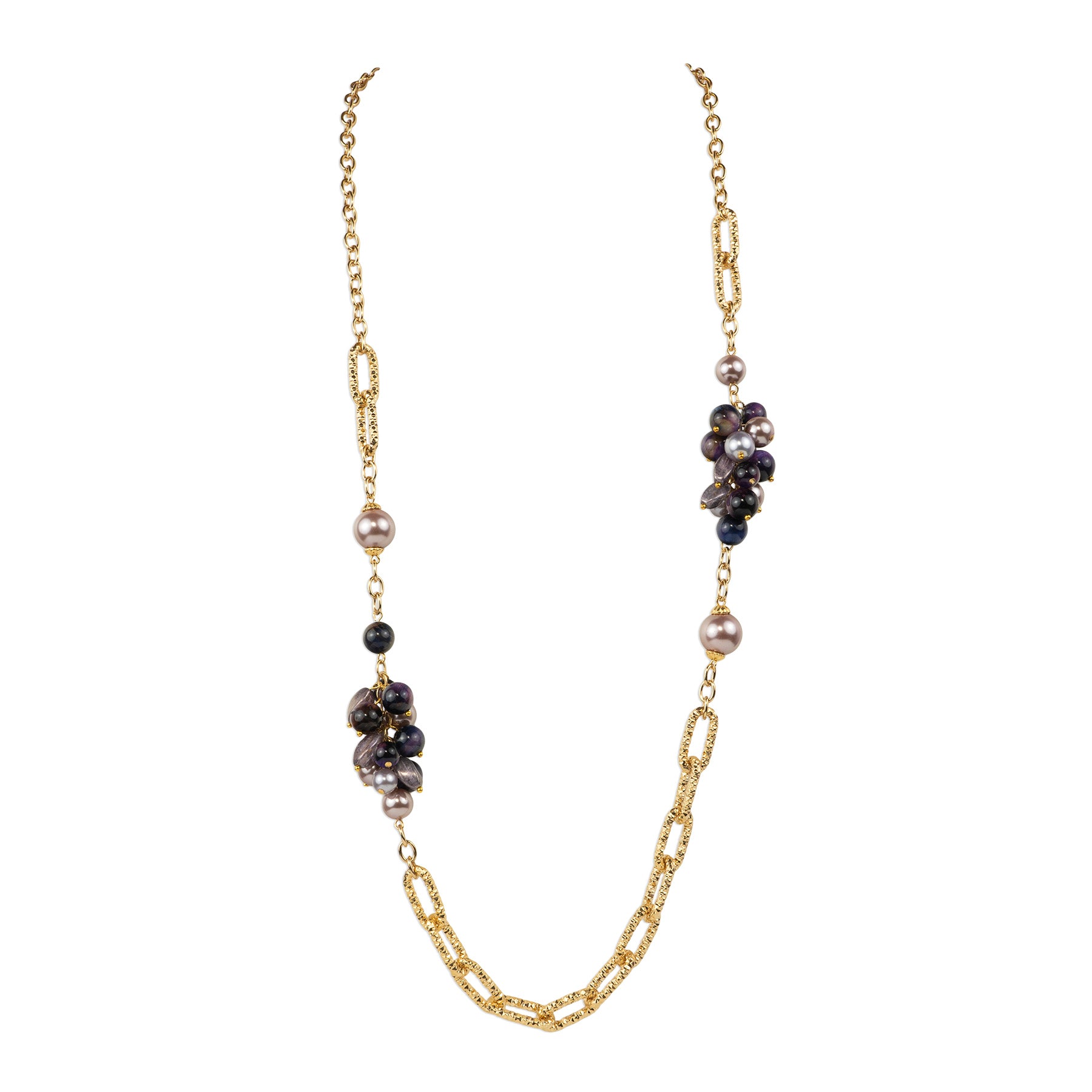 Long chain necklace with a cluster of semi-precious stones and pearls