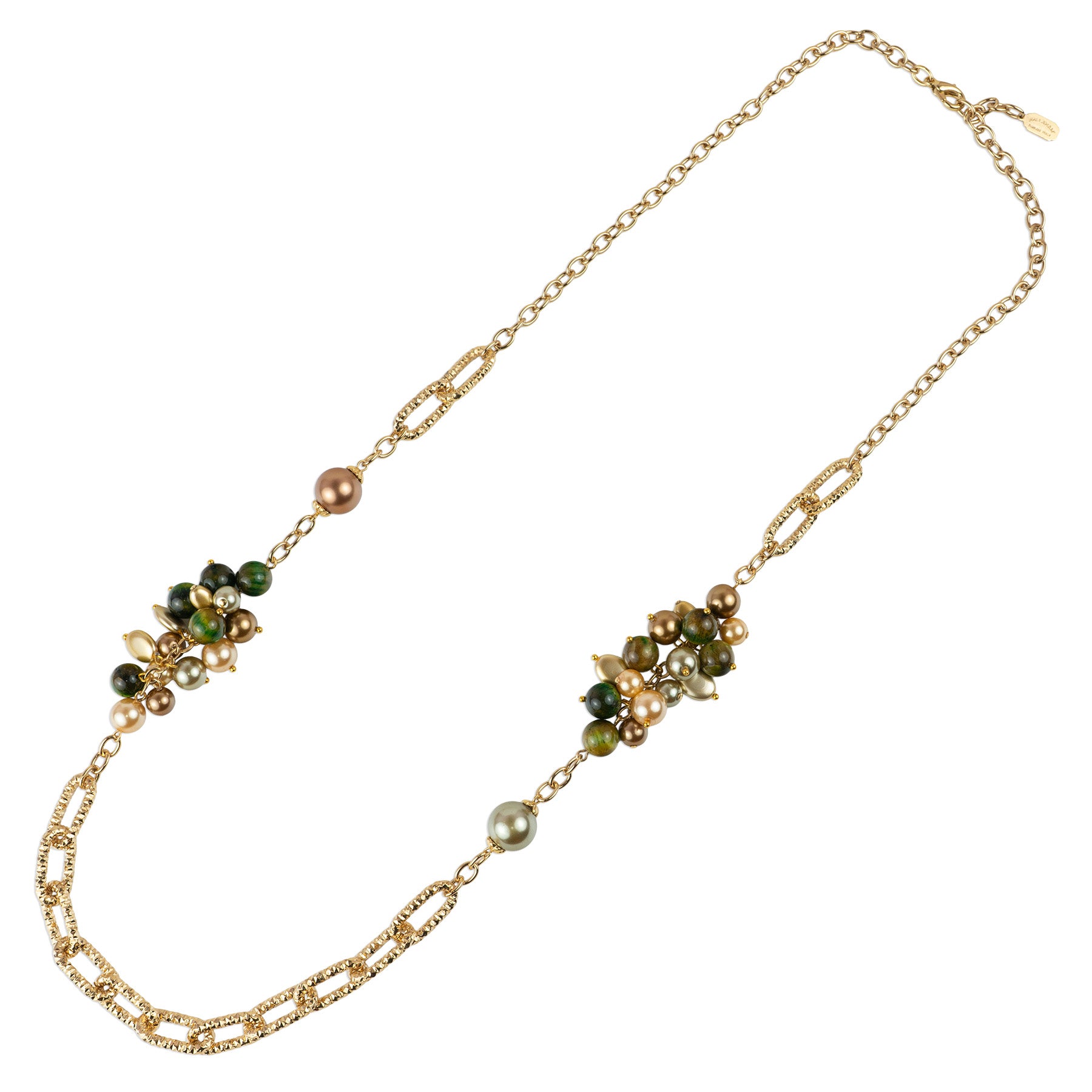 Long chain necklace with a cluster of semi-precious stones and pearls