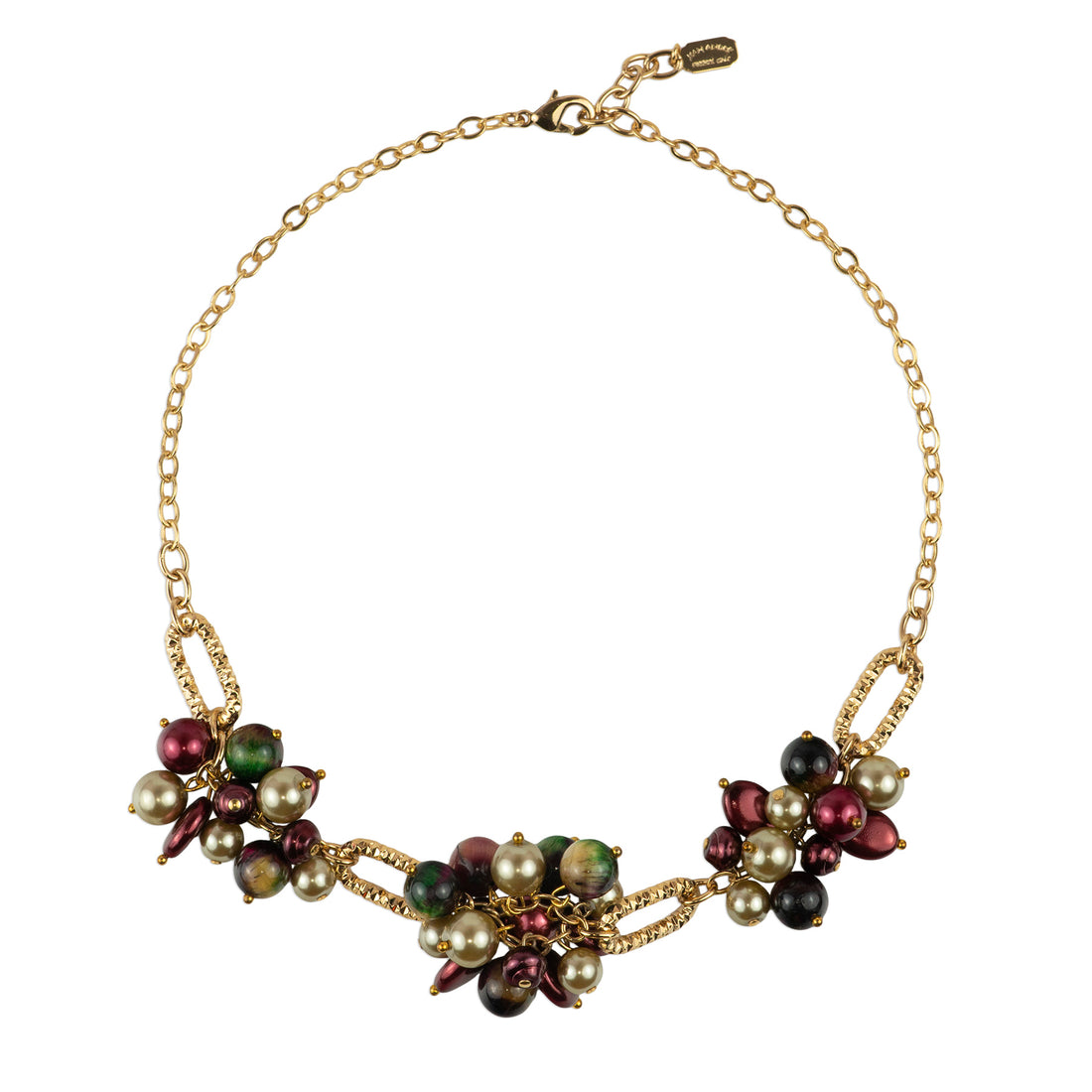 Chain choker necklace with clusters of semi-precious stones and pearls