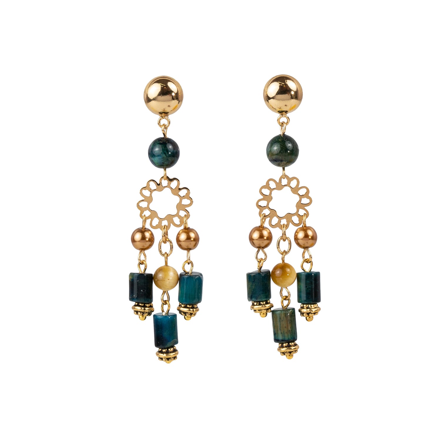 Pendant earrings in semi-precious stones and pearls