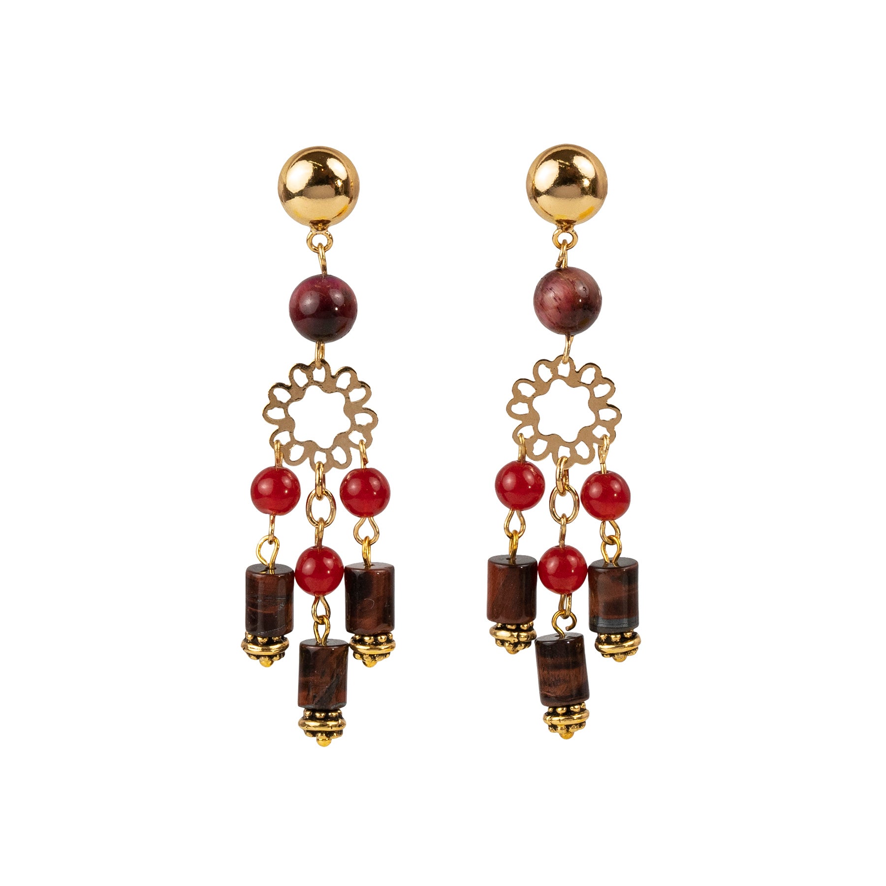 Pendant earrings in semi-precious stones and pearls