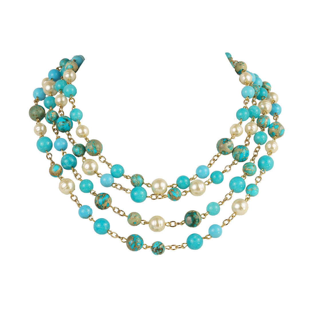 Collana girocollo a quattro fili in perla e turchesi