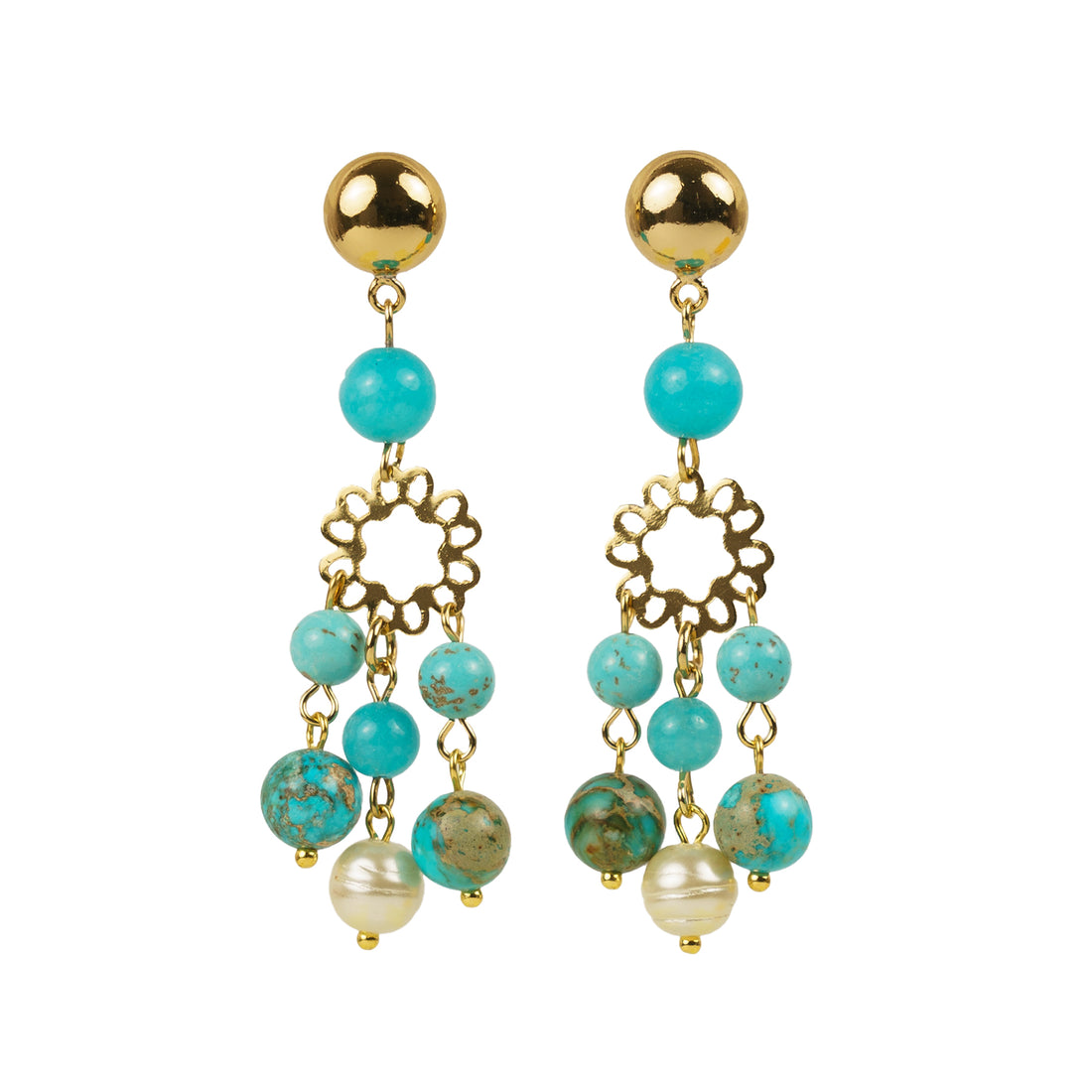 Orecchini pendenti in turchese e perla