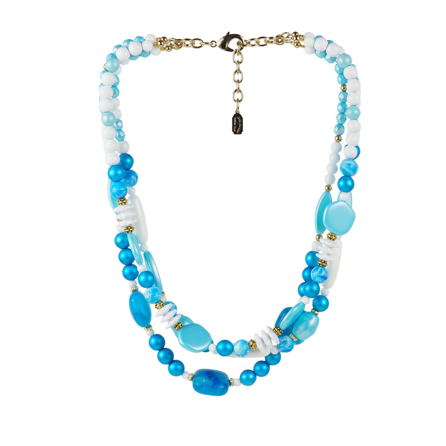 Multi-strand necklace of colored pearls and crystals