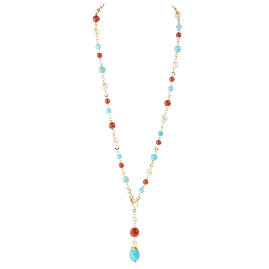 Gargantilla de varias vueltas de coral turquesa y perlas