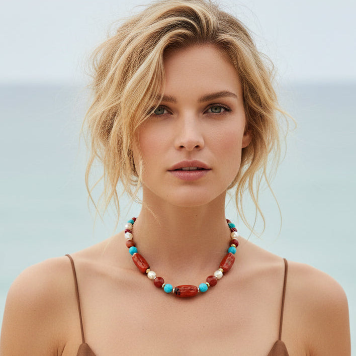 Gargantilla de varias vueltas de coral turquesa y perlas