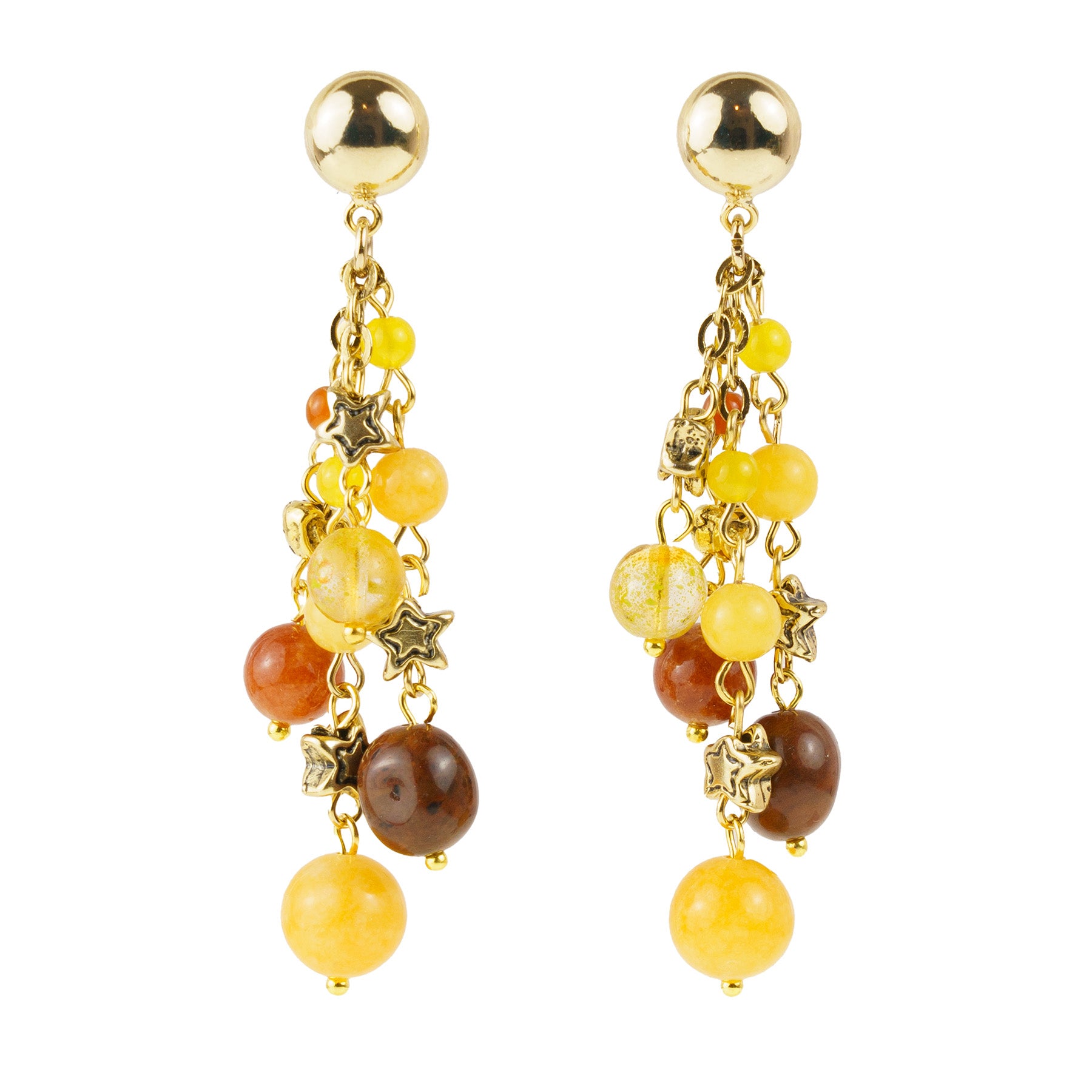 Pendientes colgantes en piedras semipreciosas y perlas.