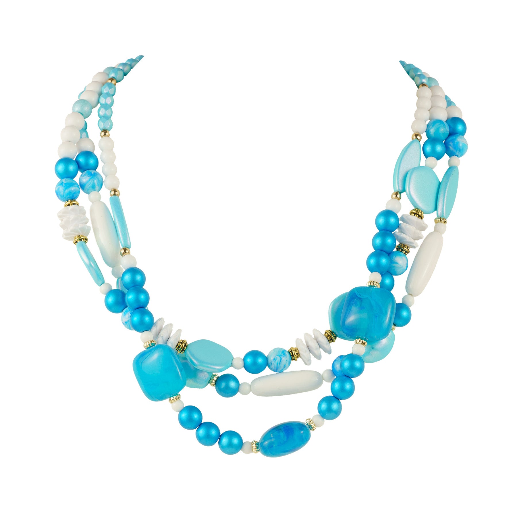 Multi-strand necklace of colored pearls and crystals