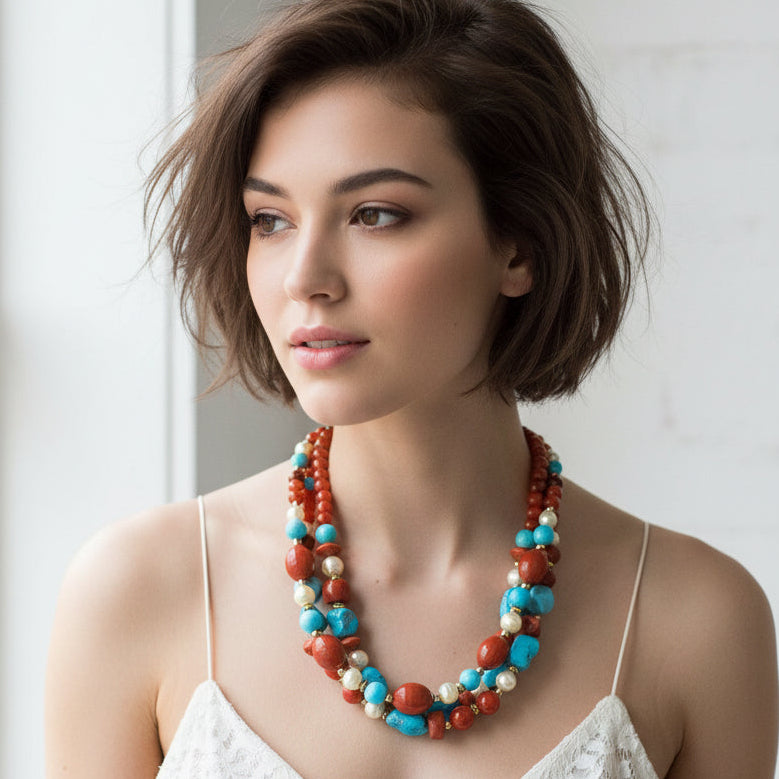 Collana girocollo tre fili in corallo turchese e perle