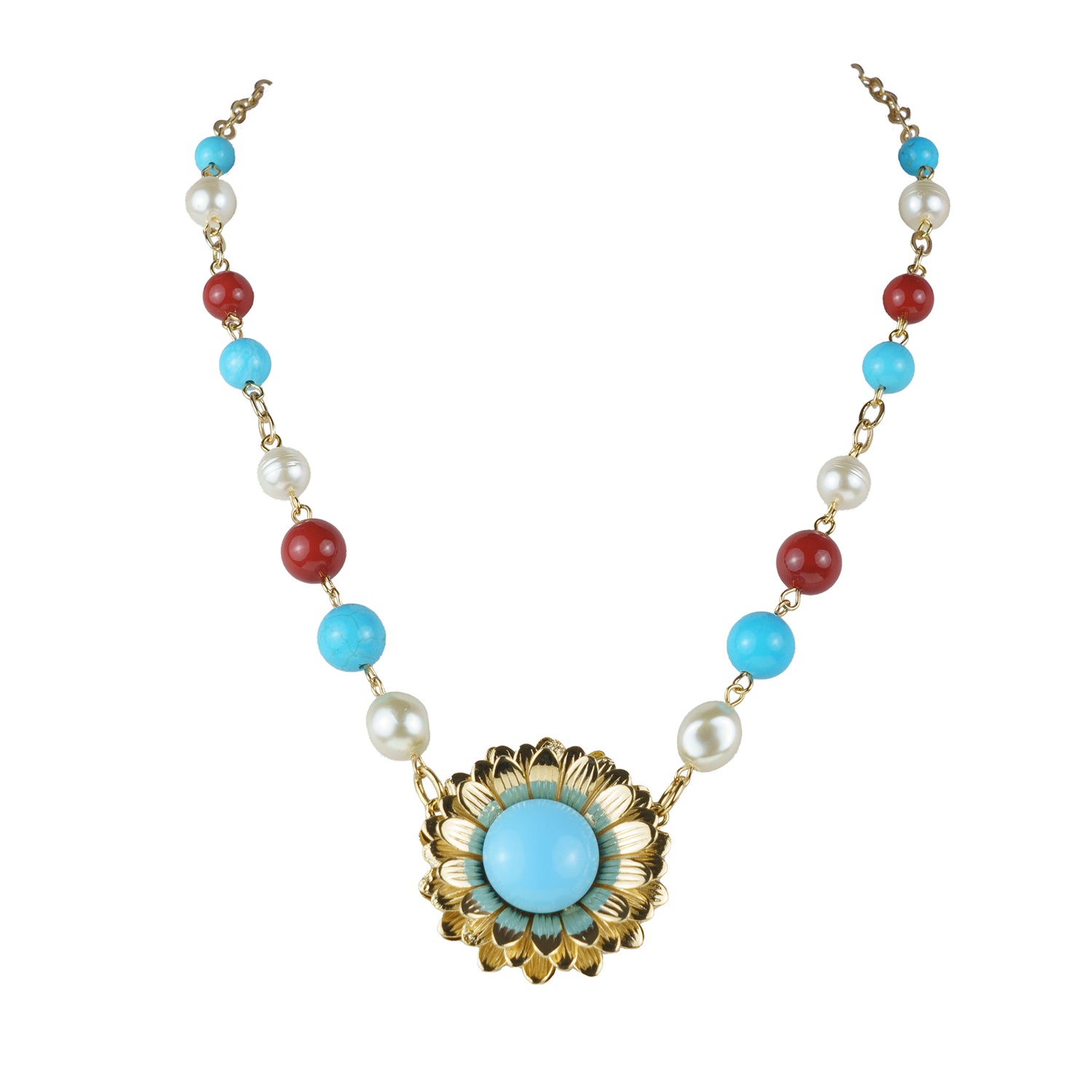 Gargantilla de varias vueltas de coral turquesa y perlas