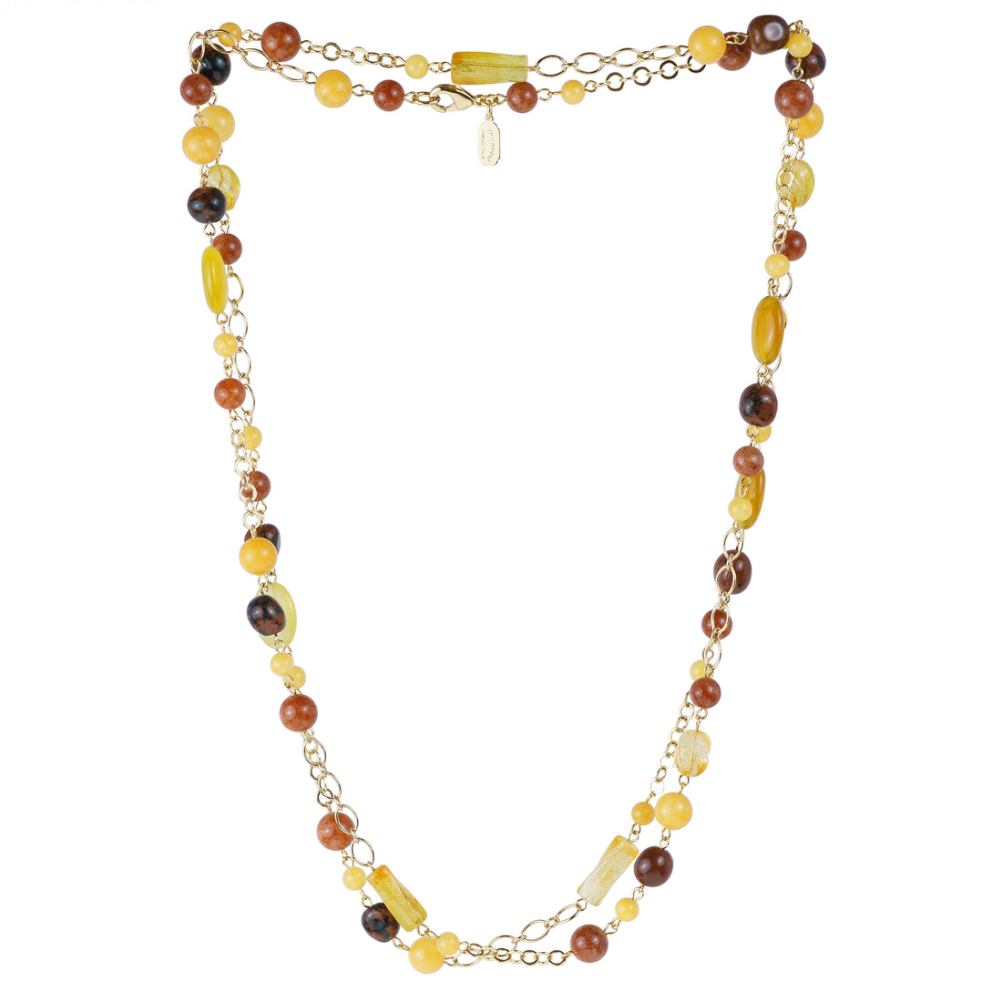 Multi-strand necklace of colored pearls and crystals