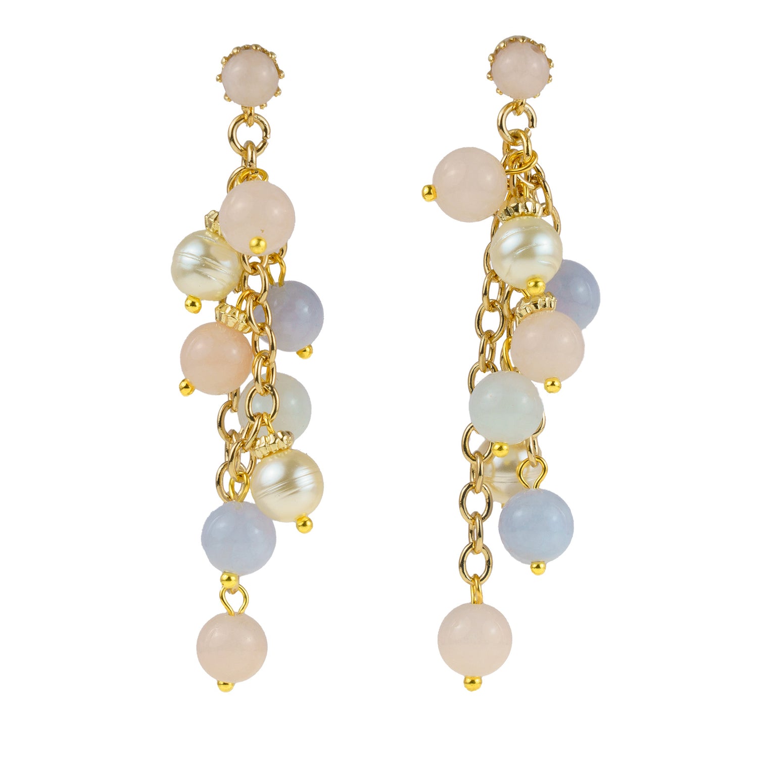Pendant earrings in semi-precious stones and pearls