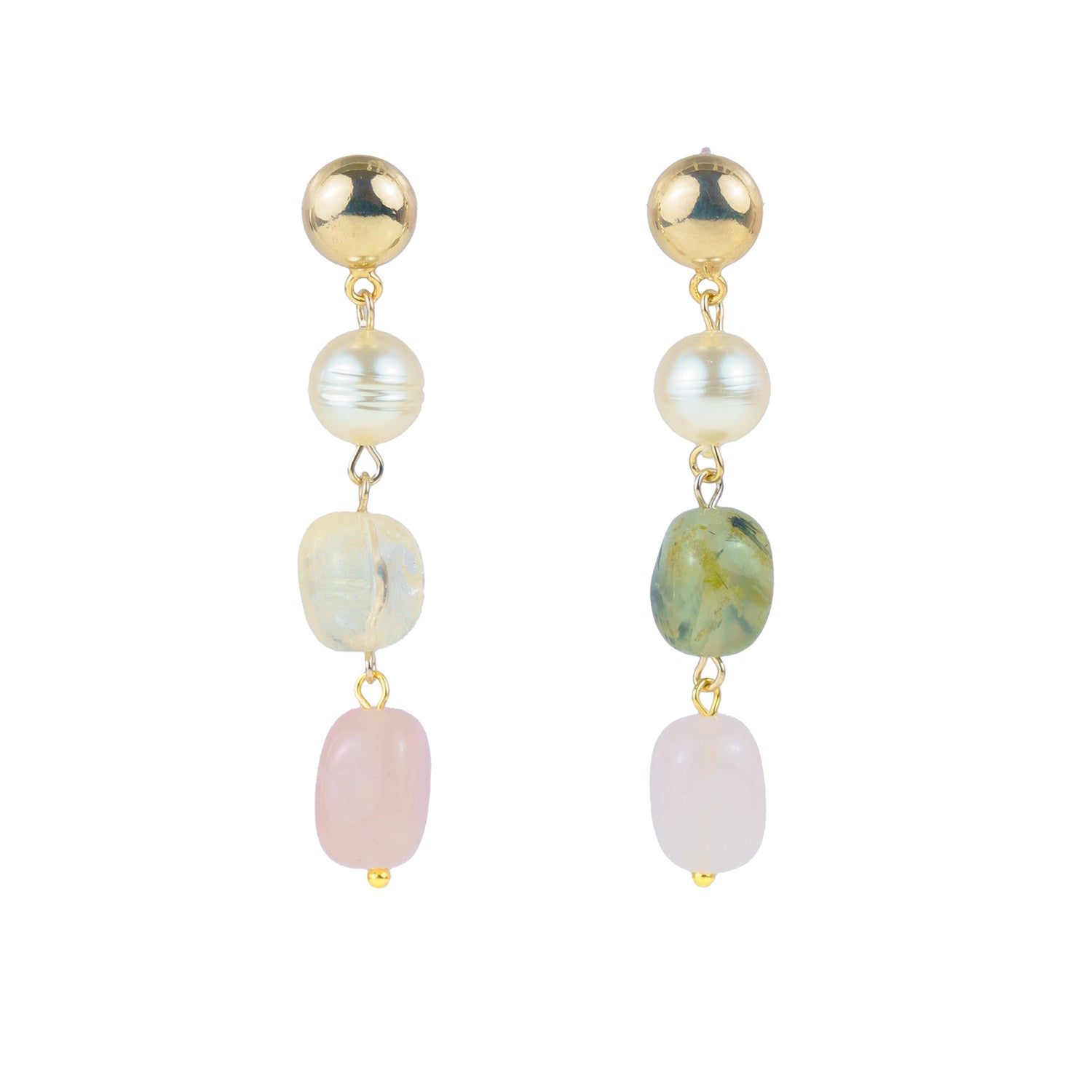 Pendant earrings in semi-precious stones and pearls