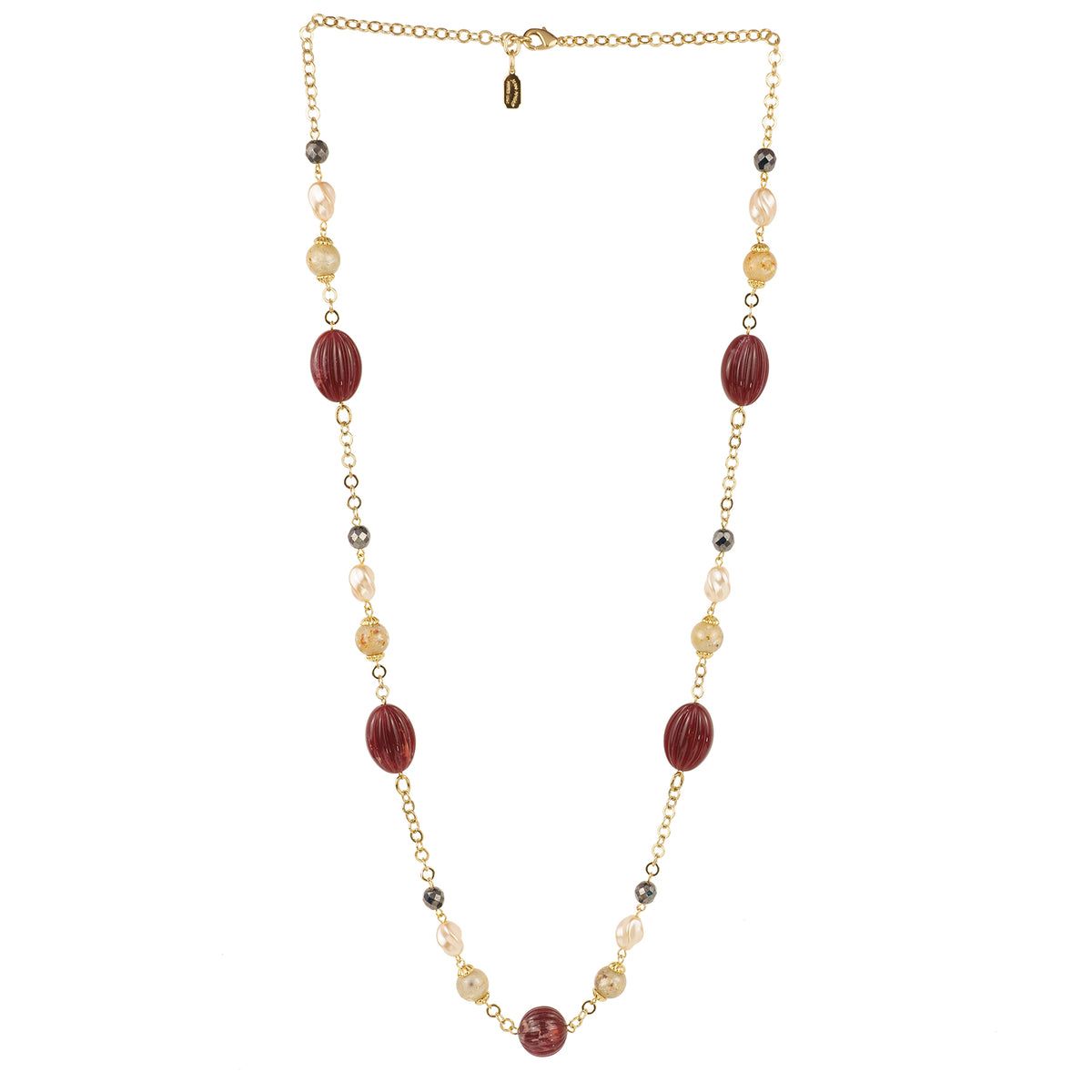 Long necklace of semiprecious stones and resin