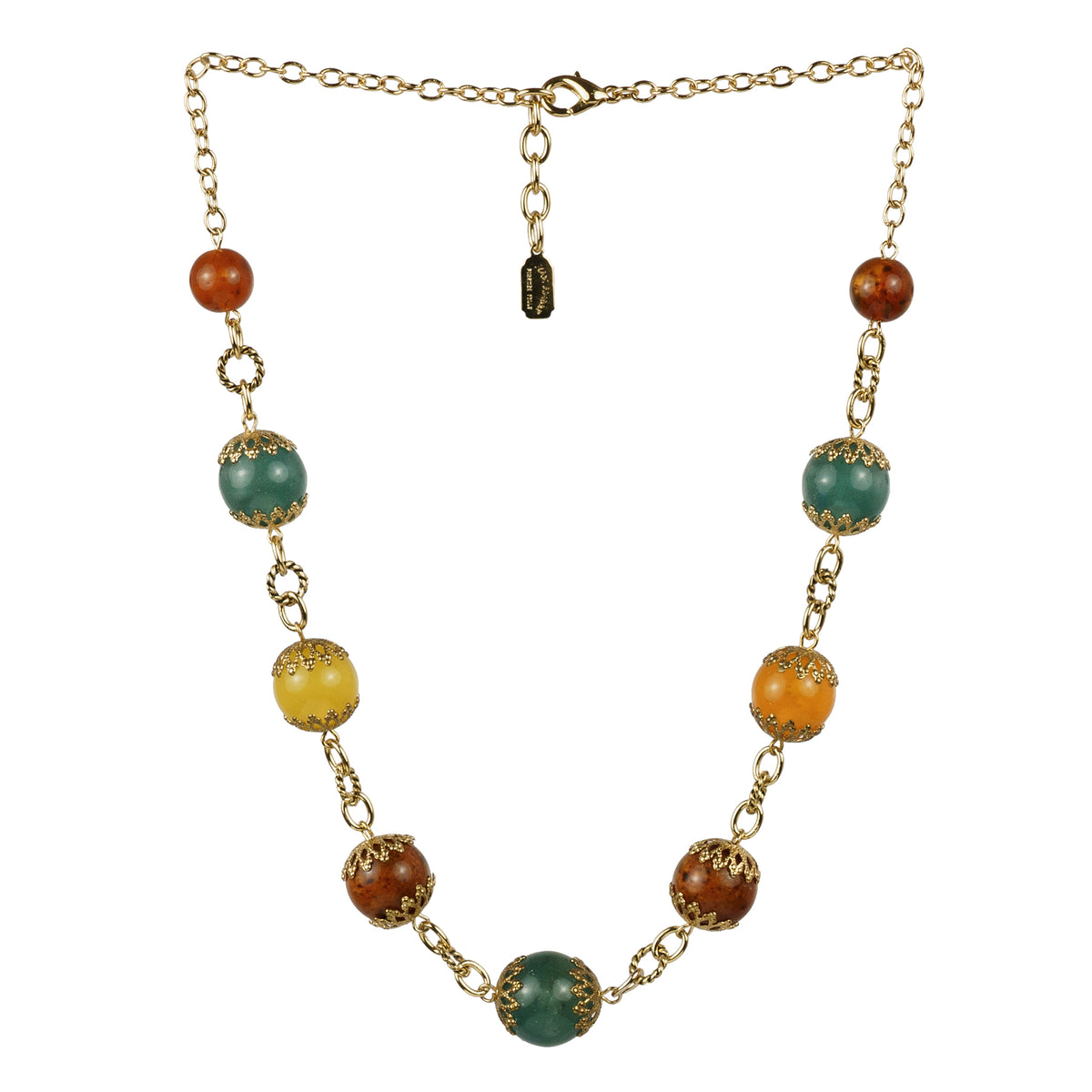 Multi-strand necklace of colored pearls and crystals