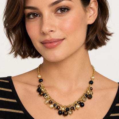 Long necklace of semiprecious stones and pearls