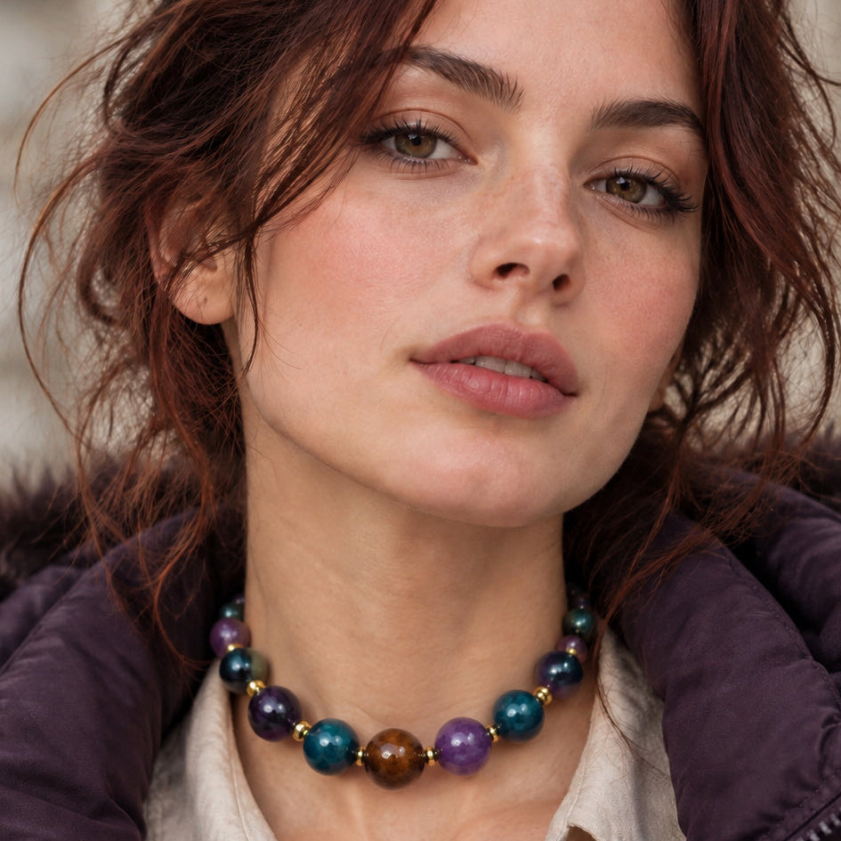 Multi-strand necklace of colored pearls and crystals