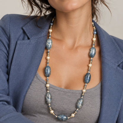 Long necklace of semiprecious stones and resin