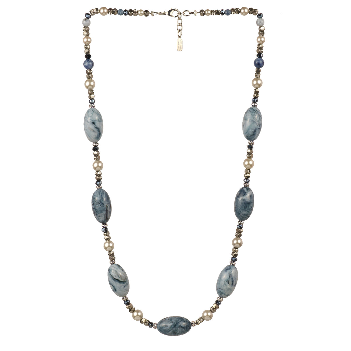 Long necklace of semiprecious stones and resin