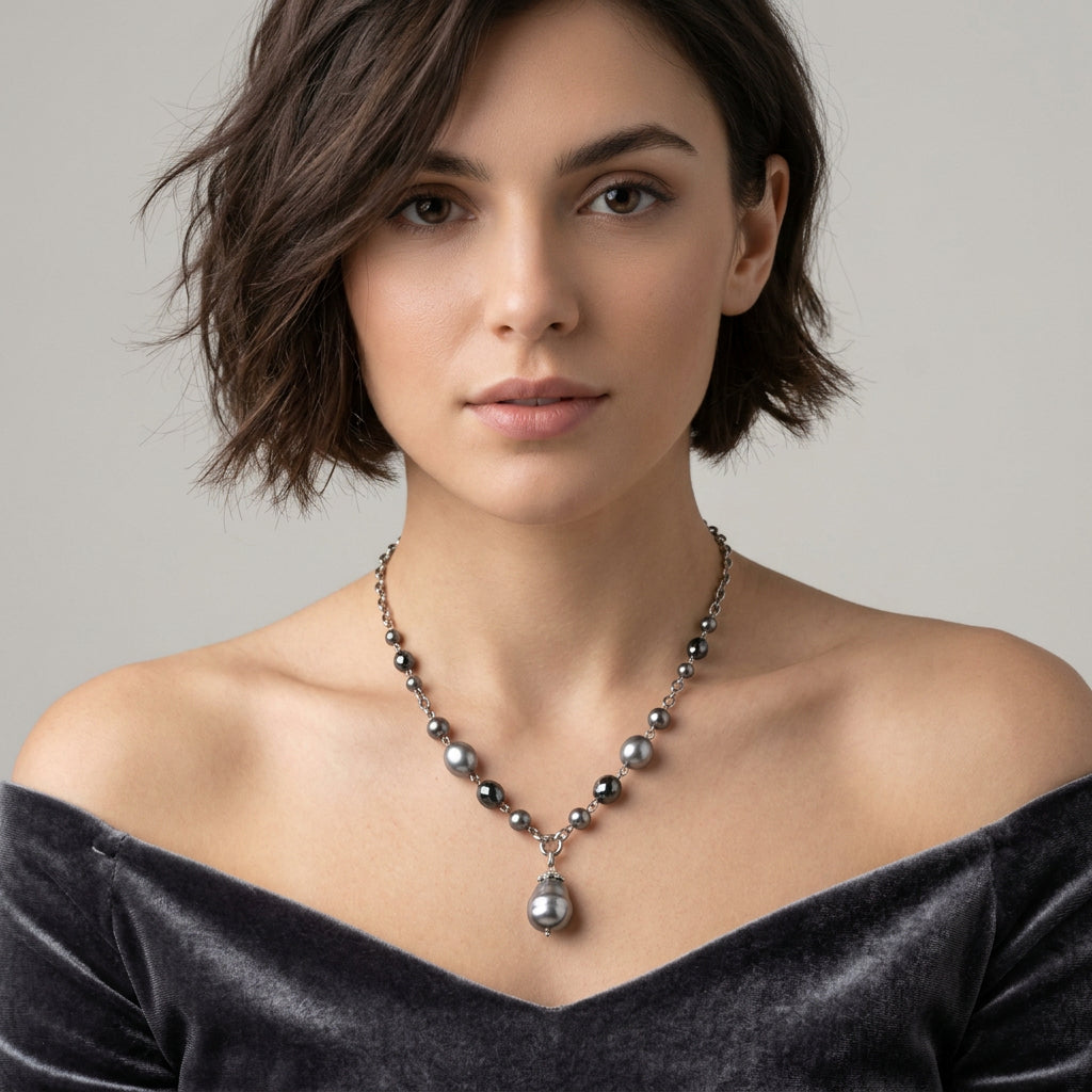 Collana girocollo in perle e cristalli con pendente