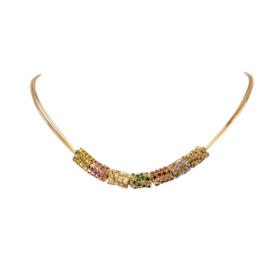 Choker with two strands of chain and colored rhinestone cylinders