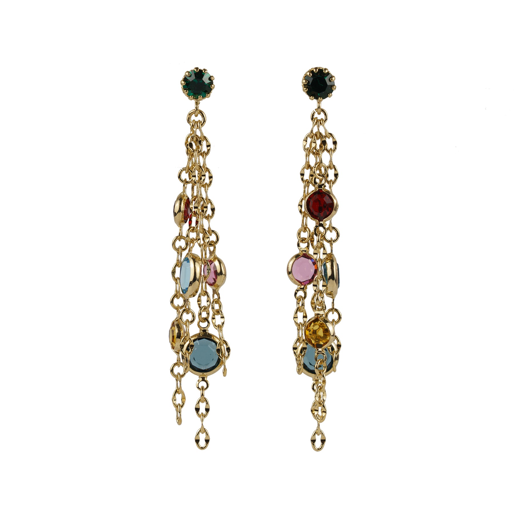 Orecchini 3 fili di catena e cristalli multicolore
