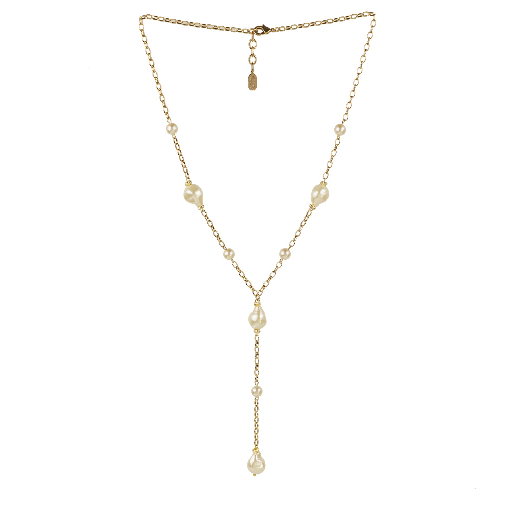 Collana lunga di catena e perle barocche con pendente