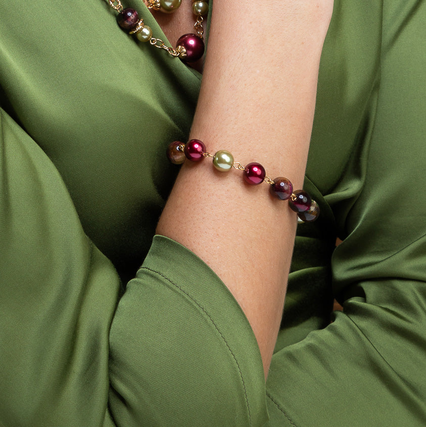 Bracelet with snap clasp in semi-precious stones and pearls