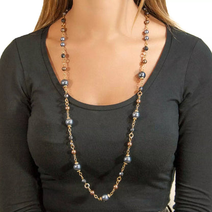 Long necklace of colored pearls and crystals