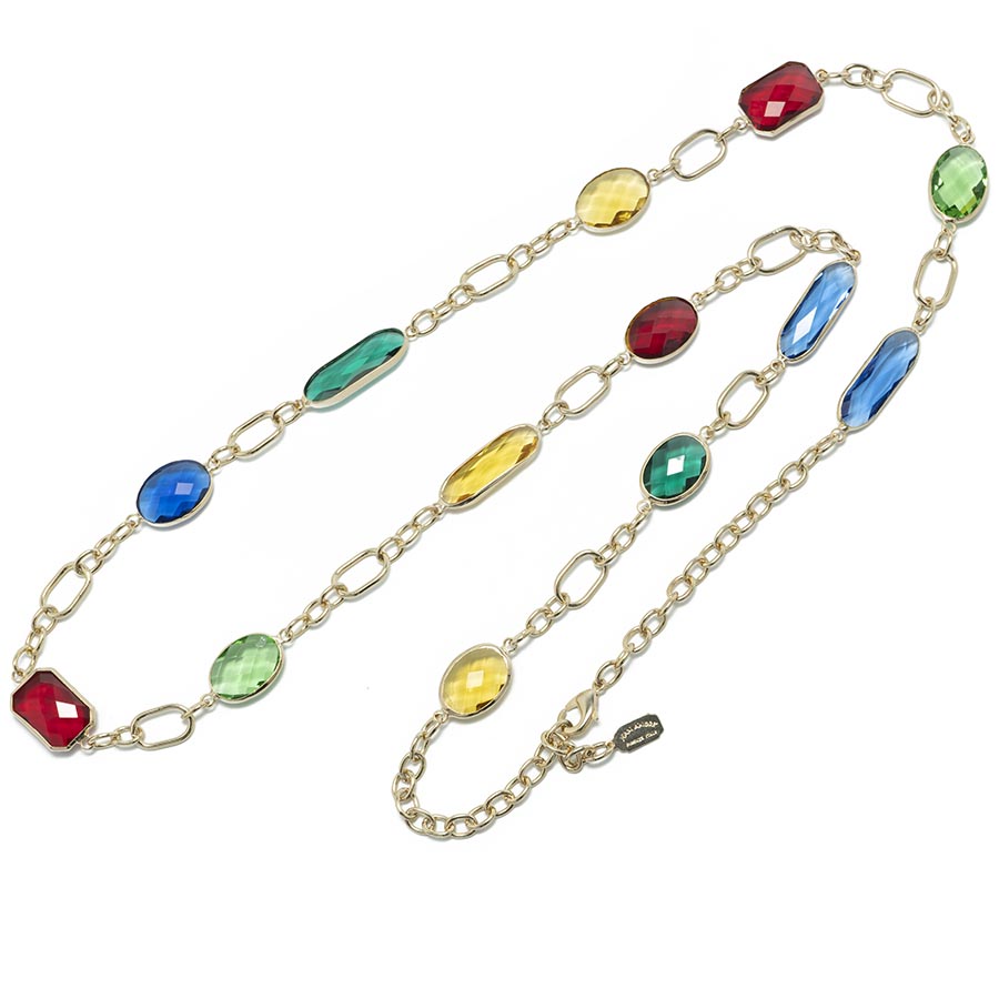 Collana lunga in catena e cristalli multicolore
