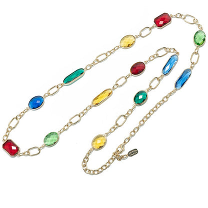 Collar largo de cadena y cristales multicolores.