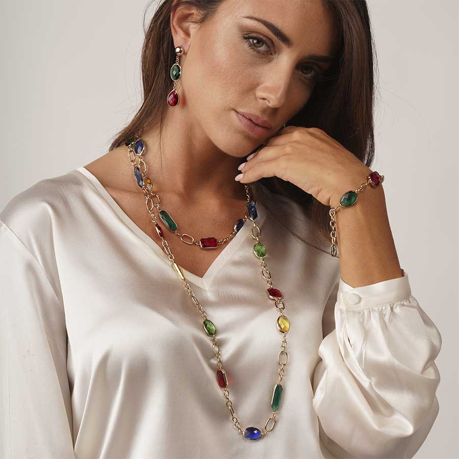 Collana girocollo in catena e cristalli multicolore